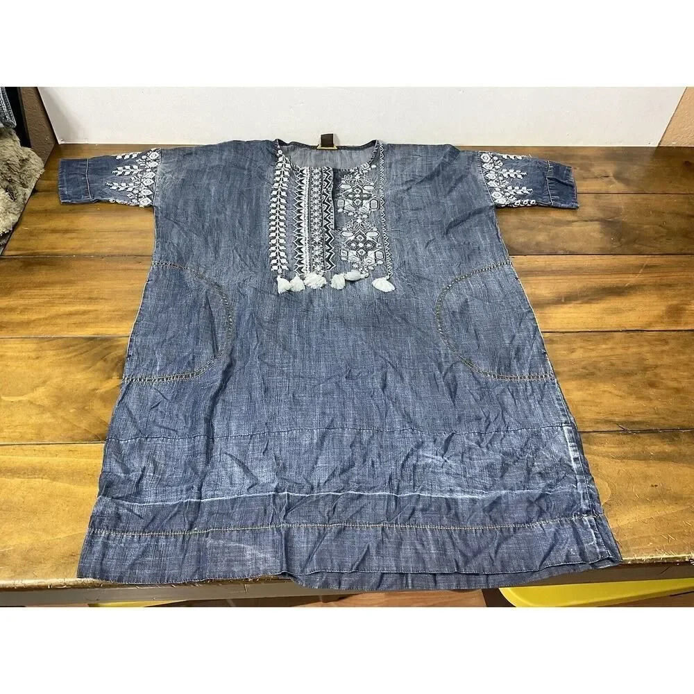 Vineet Bahl Anthro Dress Embroidered Caftan Dress Soft Blue Denim Size Small